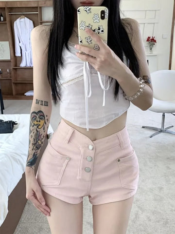 Pink High Waist Comfy Female Short Jeans Pants Wholesale Japanese 2000s Style Design To Wear Elegant Cheap Women's Denim Shorts