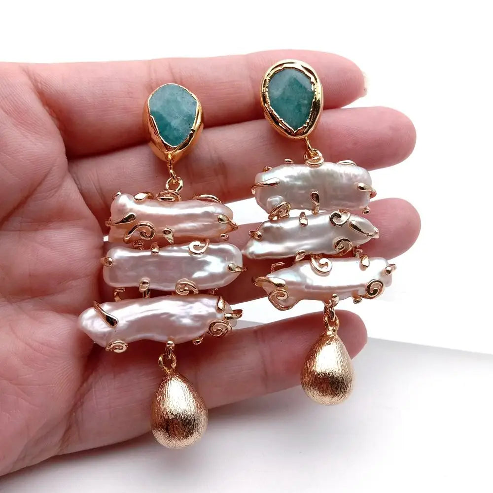 YYGEM Woman Earrings Freshwater 32x31mm Pink Biwa Pearl Green Amazonite Stud Earrings Fashion Jewelry Gift