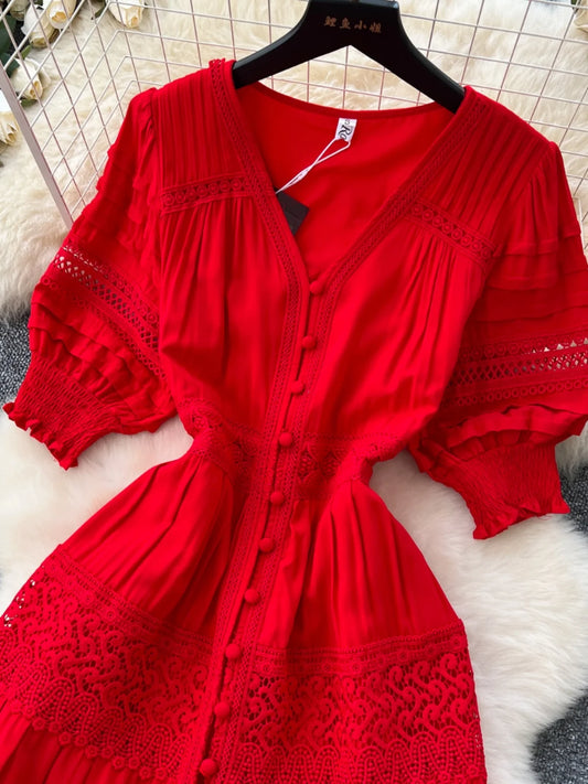 Red Beach Dress Women French Retro V-neck Hollow Lace Patchwork Single Breasted Bubble Sleeve Long Dresses Vintage Long Robe