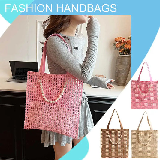 Crochet Tote Bag for Women Mesh Knit Shoulder Bag Large Capacity Woven Bag Solid Color for Travel Vacation