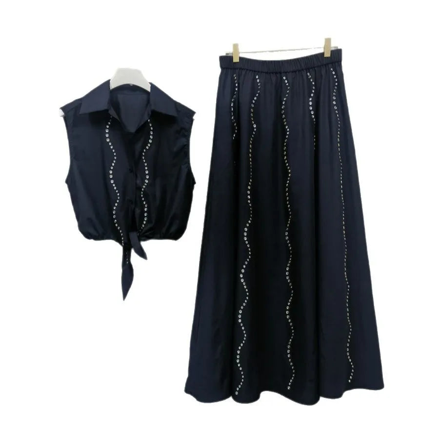 Skirt Sets Water Corrugated Diamond Trim Set Sleeveless Knotted Waist Top Elastic Waist Skirt Spring and Summer New Style
