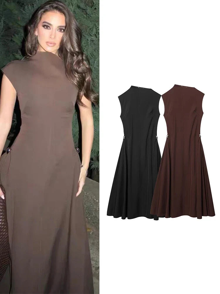 TFMLN New Womens Irregular Neck Long Dress Ladies Summer Sleeveless Party Dress Elegant Ladies Fashion A Line Holiday Dress