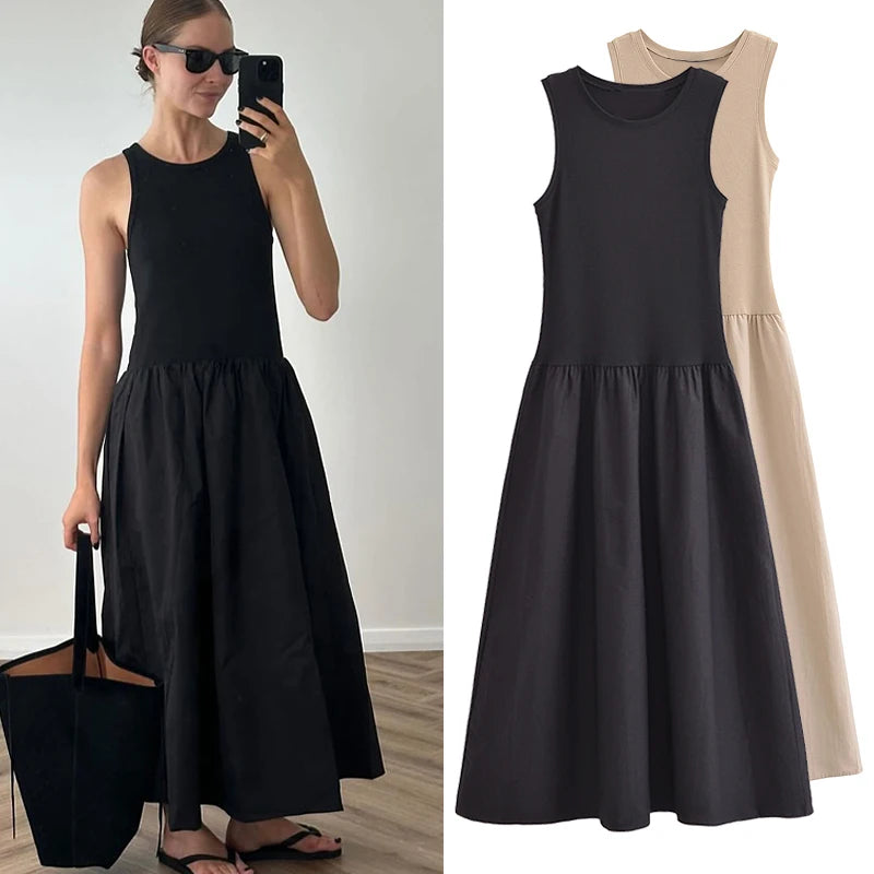 TRAF Black Dress Women Slim Simple O Neck Sleeveless Long Dress Holiday Dress Street Casual Dresses 2025 Women's Summer Dress