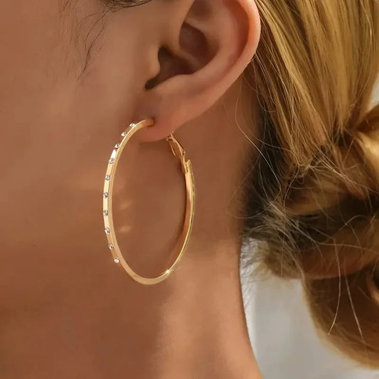 CAOSHI Golden Large Circle Women's Hoop Earrings with Inlaid Cubic Zirconia Daily Wear Exquisite Girls Accessorie Trendy Jewelry