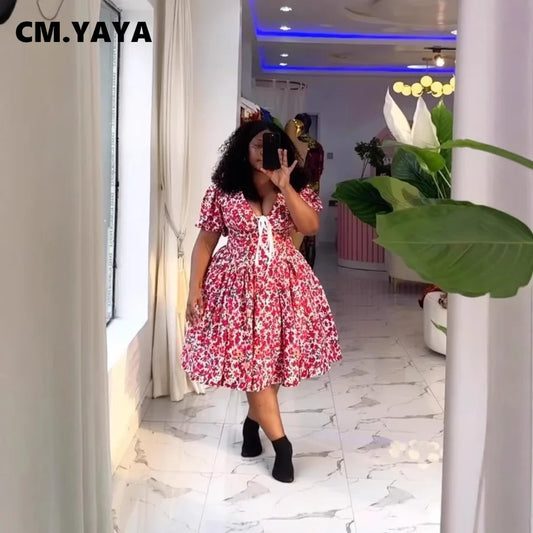 CM.YAYA 2025 Women V-neck Short Sleeve V-neck Pleated Mini Midi Dress Floral Print Elegant Birthday Beach Party Vestidos Dresses
