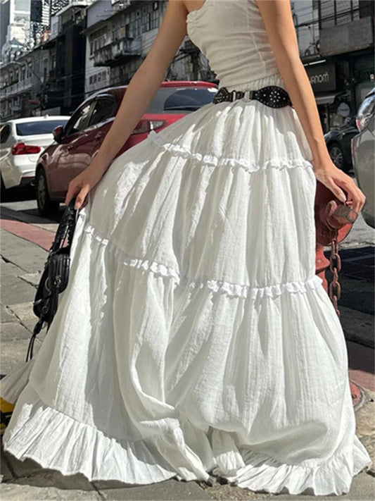 Fairycore Elegant White Flowy Hem Long Skirts Women Elastic Waist Ruffle Lace Trim Flare A-Line Skirts Retro Streetwear