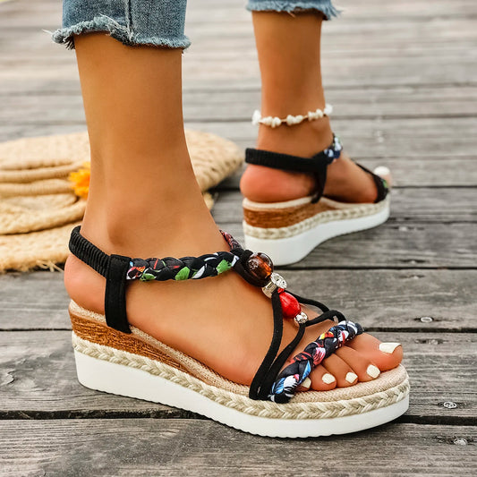Women'S New Summer Sandals Classic Wedge Thick Sole Elevated Elastic Strap Open Toe Elegant Comfortable Sandals for Women