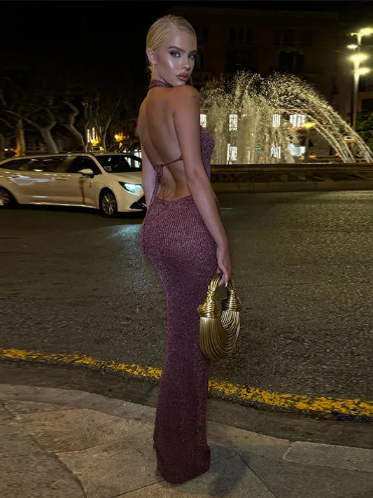 Hollow Out Hanging Neck Knit Dress Woman Lace Up Solid Color Sleeveless Long Dresses Chic Backless Beach Vacation Women's Robe
