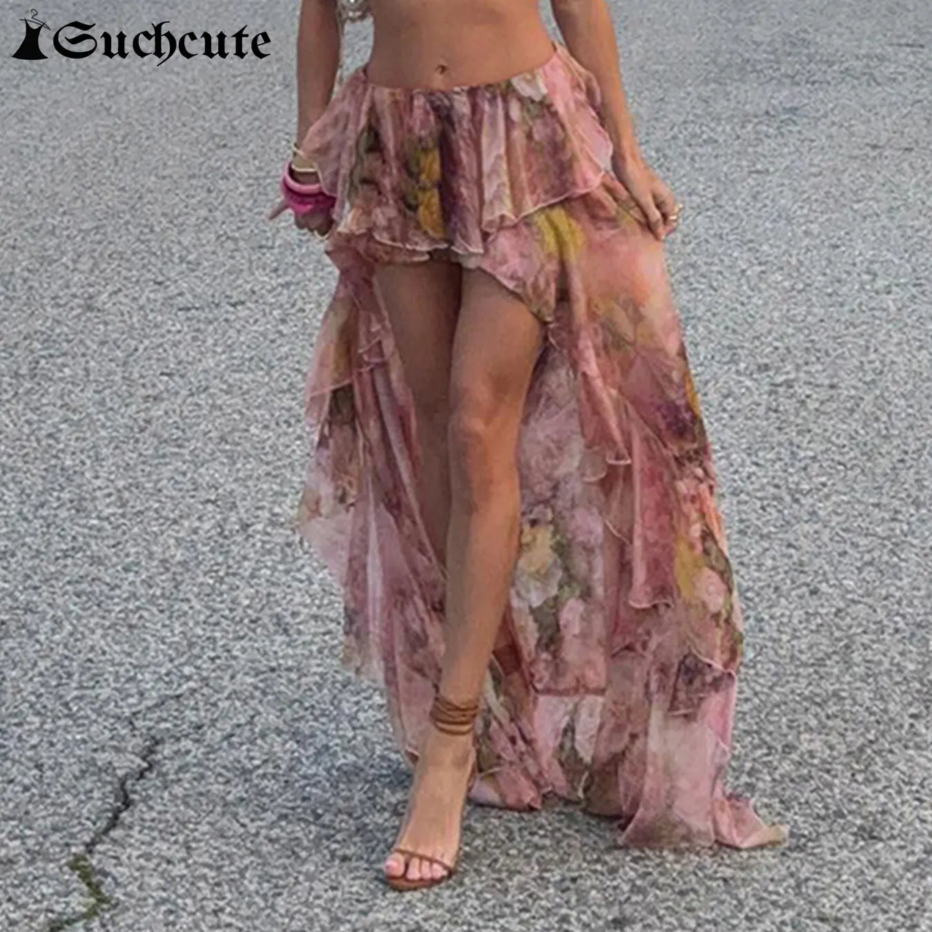 SUCHCUTE Y2K Vacation Floral Printed Long Skirts Holiday Beach Sexy Low Waist Aesthetics Lace Skirt Women Grunge Party Outfits