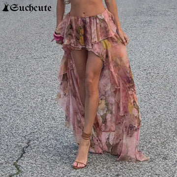 SUCHCUTE Y2K Vacation Floral Printed Long Skirts Holiday Beach Sexy Low Waist Aesthetics Lace Skirt Women Grunge Party Outfits