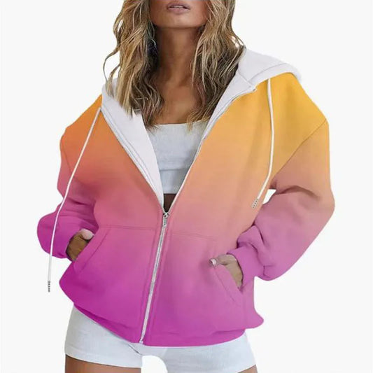 Autumn new gradient 3D digital printed casual long sleeved zipper hooded sweatshirt for women