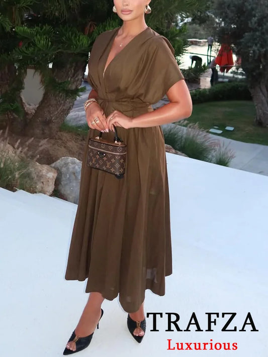 TRAFZA Vintage Casual Chic Solid Women Dress V-Neck Lace-up Draped Long Vestidos Fashion 2025 Summer Holiday Folds Loose Dress