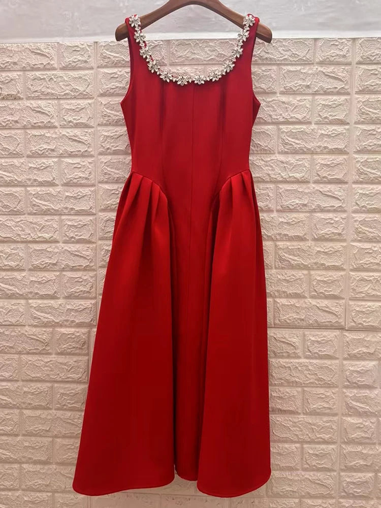 Spring and summer women's new U-neck drill waist drape A-word suspender dress temperament big swing high waist vest dress