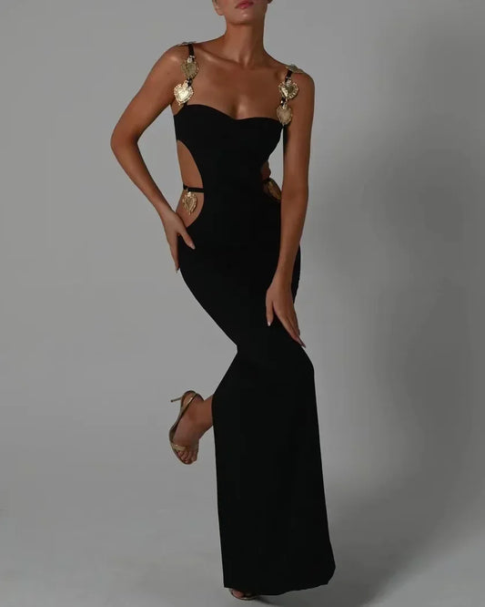 Independent Website Popular Dress-Heavy Alloy Jewelry Hollow Open-Back Side Slit Long Dress Sleeveless Style Other Pattern