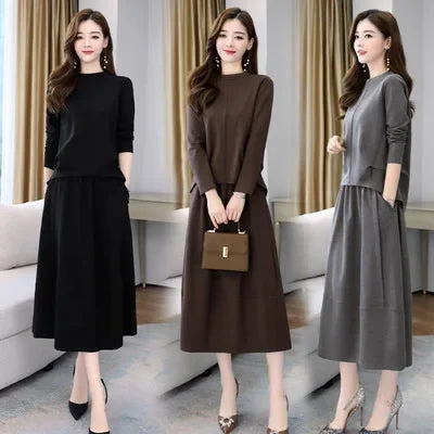 Fashionable Women's Early Autumn 2023 New Loose-Fit Slimming Elegant Dress Casual 2-Piece Set Korean Style Skirt Outfits