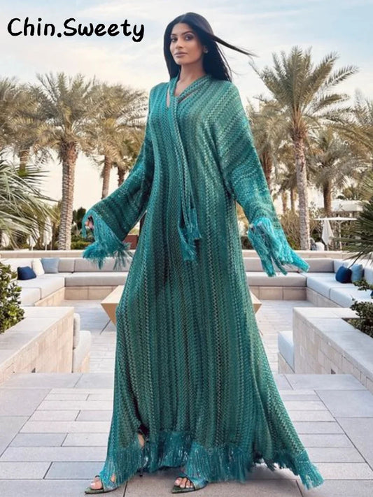 Elegant Tassel Knitted Long Dress Women Loose V-neck Full Sleeve Scarf Dresses Female 2025 Summer Lady Beach Vacation Robes New