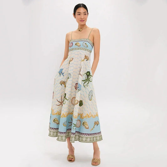 Spaghetti Strap Women Floral Print Strap Sping Summer A Line Long Vest Dress Elegant High Waist Casual Fashion Women's Dress