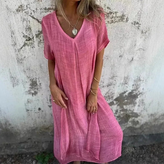 Fashionable Cotton Linen V-neck Midi Dress Women's New Arrival Independent Station Cross-border Elegant Short Sleeve Dress