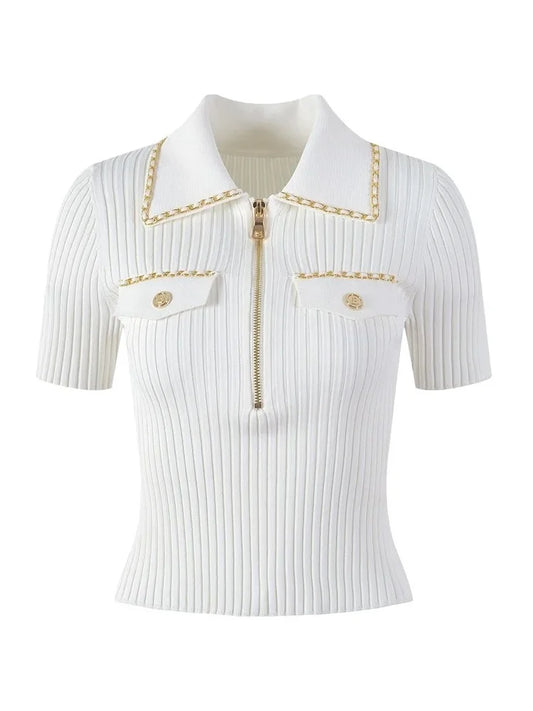 Summer Fashion Slim Knitted Tshirt Sweater Women Stylish Chain Buttons Zip-up Tees Tops Vintage Elegant Chic Ladies Knitwear