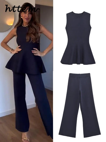 Knit Vest Pants Sets Women Elegant O-neck Slim Ruffles Tank Tops High Waist Flare Pant 2025 Chic All Season Office Lady Outfits