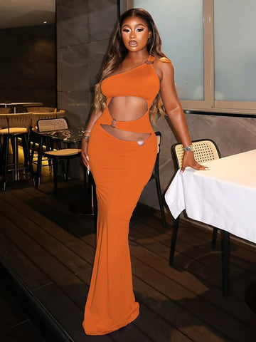 Whatiwear Off Shoulder Backless Sexy Dress Women Skew Collar Irregular Hollow Rings Decoration Vacation Fashion Elegant Vestidos