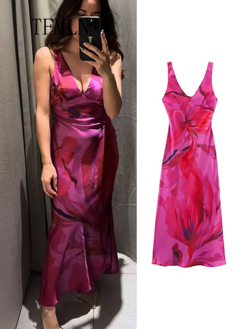 TFMLN Printed Midi Dress For Women New Attractive Colorful Summer V Neck Cut Out  Tank Long Dress Elegant Ladies Chic Bodycon