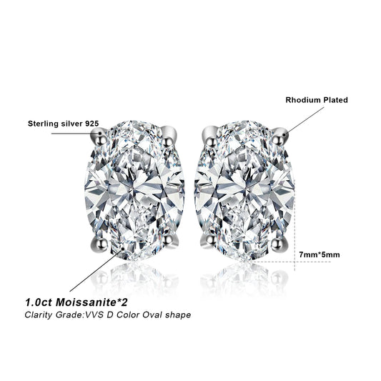 JewelryPalace Moissanite D Color Total 2ct Oval S925 Sterling Silver Stud Earrings for Woman Luxury Fine Jewelry