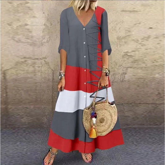 Summer Fashion Women's V-neck Short Sleeved Dress Color Block Patchwork Printed Dress Button Women's Casual Loose Long Dress