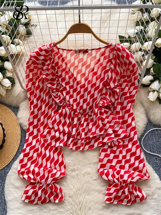 SINGREINY Chic Streetwear Stripe Blouse Female Ruffles Cross V Neck Lantern Sleeves Crop Tops 2025 Summer Casual Beach Shirts