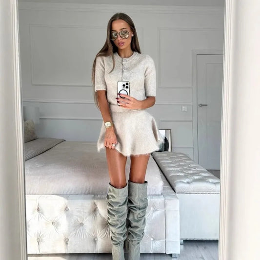 Temperament Women Wool Skirts Suits Casual Half Sleeve Button Female Slim Mini Skirt 2025 Autumn Ladies Commute Knitted Outfits