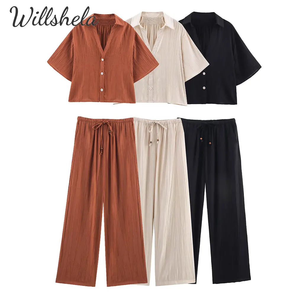 Willshela Women Linen 2 Pieces Sets Short Sleeves Shirt and Straight PantS Chic Lady Casual Elastic Waist Trousers Coordinates