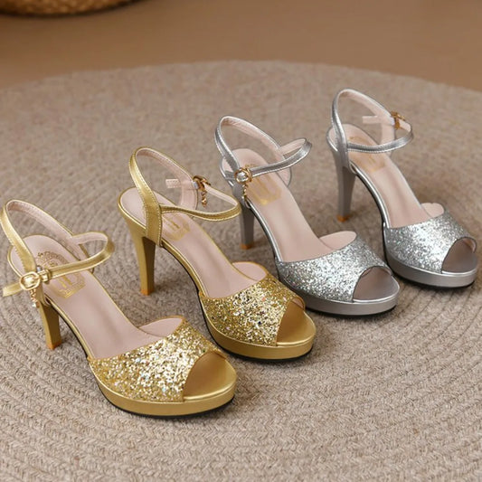 High Heeled Sandals Women's Summer New Thick Bottom Thick Heeled Fish-toe Sandals One-word Buckle Sequin Fashion Sandals Women