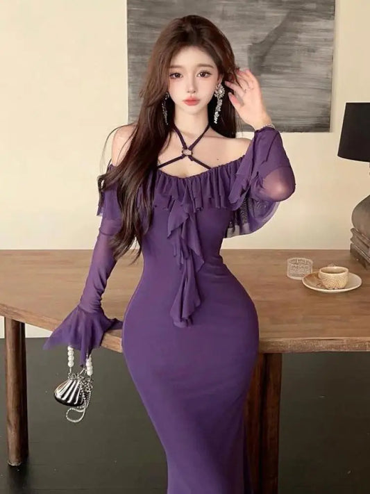 Autumn Purple Elegant Sexy Off Shoulder Halter Lace-up Backless Dress Women Long Sleeve Slim Ruffles Evening Party Dresses Trend