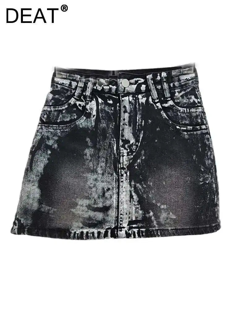 DEAT Women's Denim Skirt Tie-dye Do Old Washed Slim A-line High Waist Printed Retro Mini Skirt 2025 Summer New Fashion 29L7669