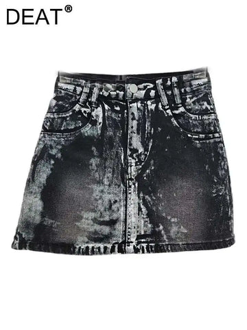 DEAT Women's Denim Skirt Tie-dye Do Old Washed Slim A-line High Waist Printed Retro Mini Skirt 2025 Summer New Fashion 29L7669