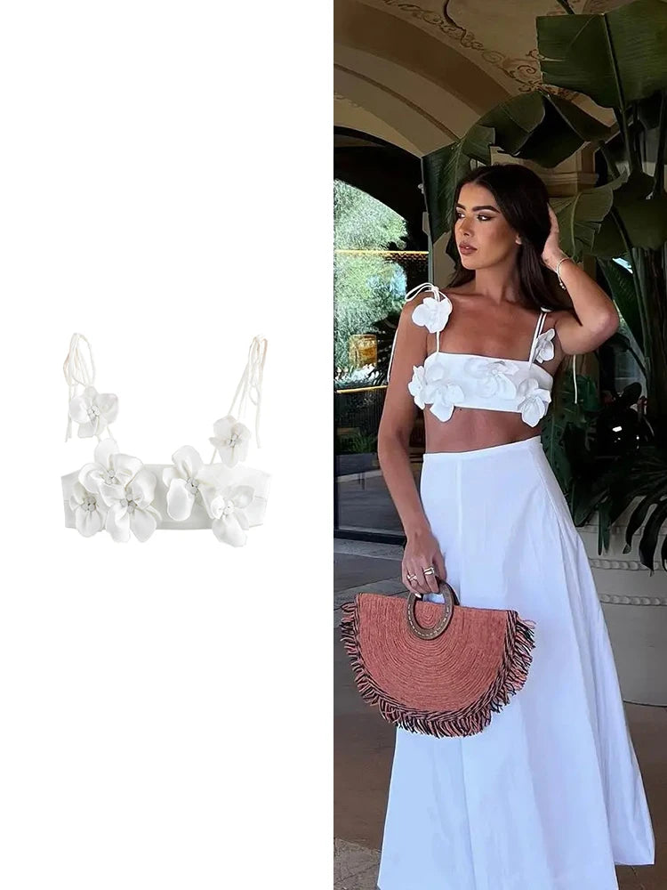 ZABA Women's 3D Floral Lingerie Style Wrap Camisole Top Summer Fashion Sexy Backless White Beach Vacation Camisole Tank Top