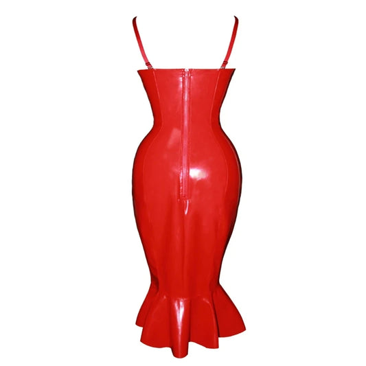 Summer Women Dresses Sexy Spaghetti Straps Bandage PVC Wet Look Leather Midi Dress Vintage Bodycon Clubwear Party Dress Vestidos