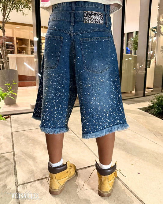 Y2k Street Men Women Double Waisted Retro Rhinestone Denim Shorts Gem Stones Embroidered Jeans Hip Hop Baggy Over The Knee Jorts