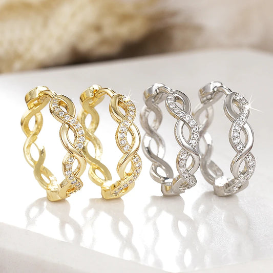 Huitan Trendy Twist Design Hoop Earrings Women Silver Color/Gold Color Accessories Shining Cubic Zirconia Jewelry for Daily Life