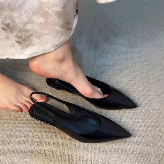 All-Match Low Sandals Woman Leather Shoes Closed Toe Summer Heels Shallow Mouth Low-heeled Retro Pointed Girls Open Comfort Eleg