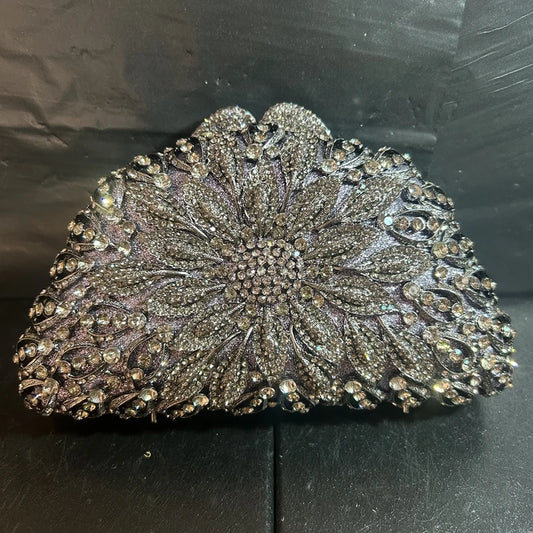 Lady Black/Grey Stones Evening Clutch Bag Rhinestones Handbag Chain Women Wallet Purse for Cellphone Lipstick Wedding Clutches