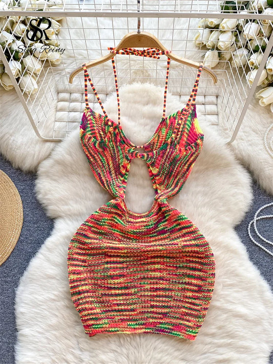 SINGREINY American Europen Hotsweet Halter Lace up Mini Dress Ladies Hollow Slim Fashion Drawstring Bodycon Strap Knitted Dress
