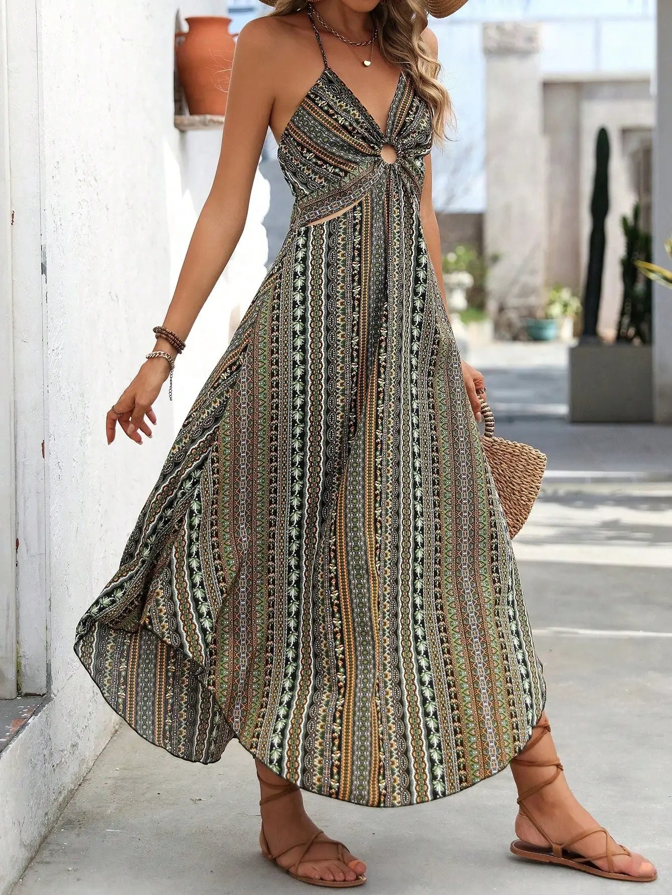 Sexy Dress Summer Boho Suspender Long Skirt Women's Printed Halter Neck Tied Beach Vacation Dresses