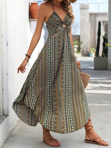 Sexy Dress Summer Boho Suspender Long Skirt Women's Printed Halter Neck Tied Beach Vacation Dresses