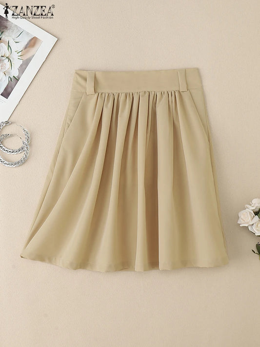 ZANZEA Women Street Fashion A-line Mini Skirts Elegant Office Work High Waist Pleated Jupes Femme 2025 Summer Solid Faldas Mujer