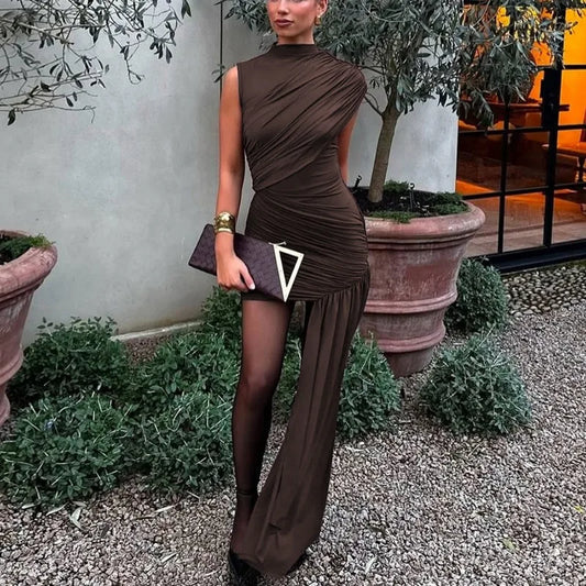 Talenza Brown Shrink Mini Dress Women's Fashion Slim Irregular Bandage Sleeveless Short Dress Vintage Y2k Party Dresses Vestidos