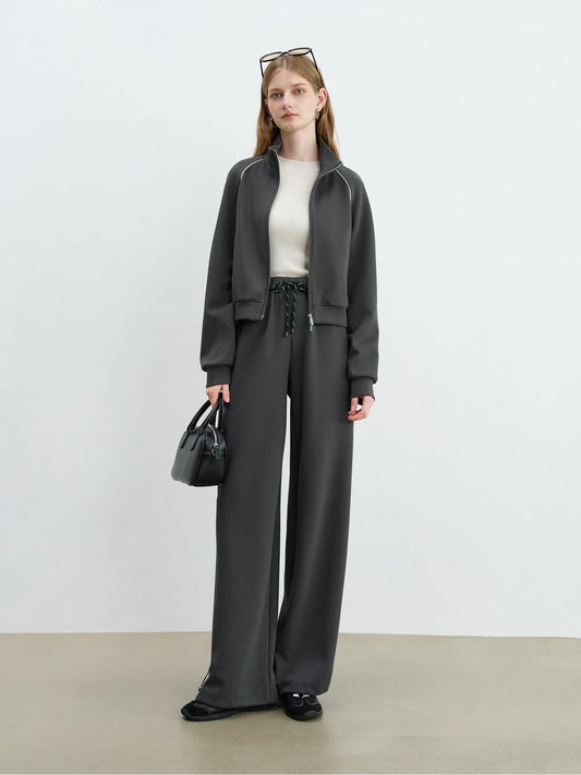 ZIQIAO Contrast Color Cropped Jacket Casual Pants Suit Women 2025 Early Autumn New Workout Outfit Female Set 25ZQ93072+25ZQ93073