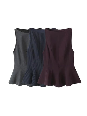 TRZA-Fitted Ruffled Blouses for Women, O Neck, Sleeveless, Side Zipper, Female Shirts, Chic Tops, Fashion