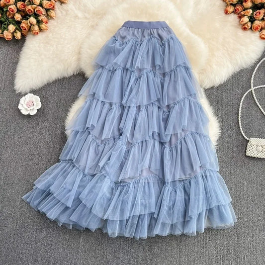 Fashionable Medium-length Elastic Mesh Skirt Elegant Irregular Pleated Skirt For Women Summer Loose Fitting Cake