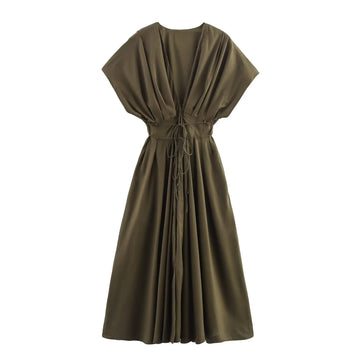 MYST&ZA2025 new summer women's casual fashion pleated drop shoulder short sleeve V-neck midi long dress